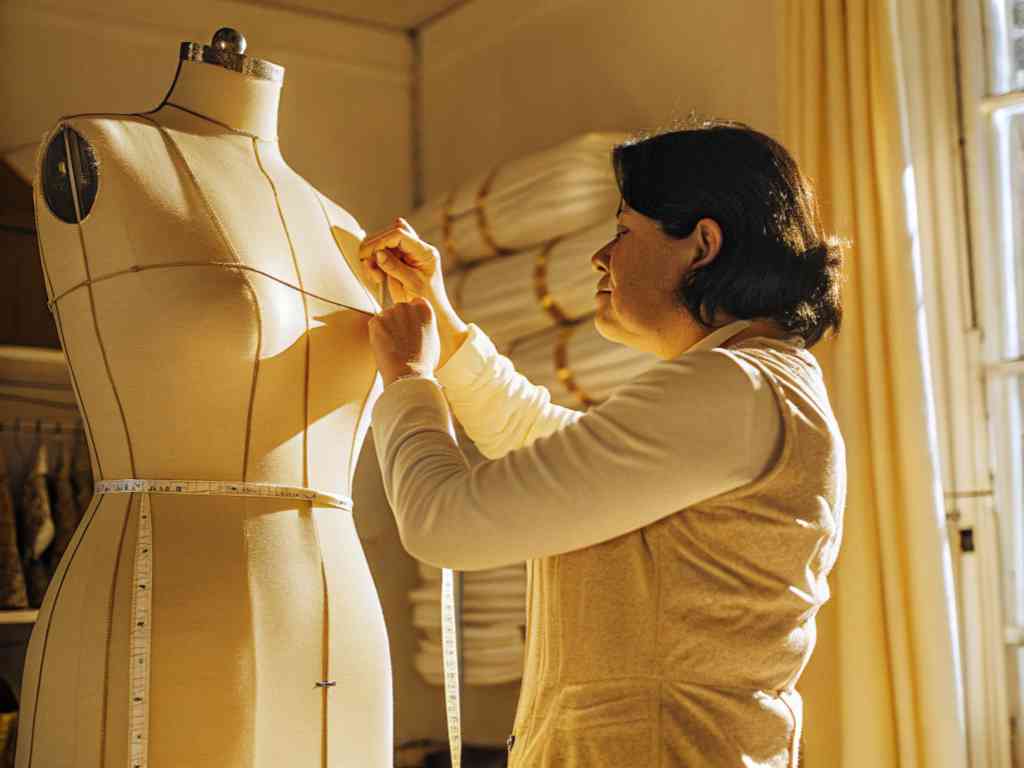 Fashion designer measuring mannequin with tape measure.