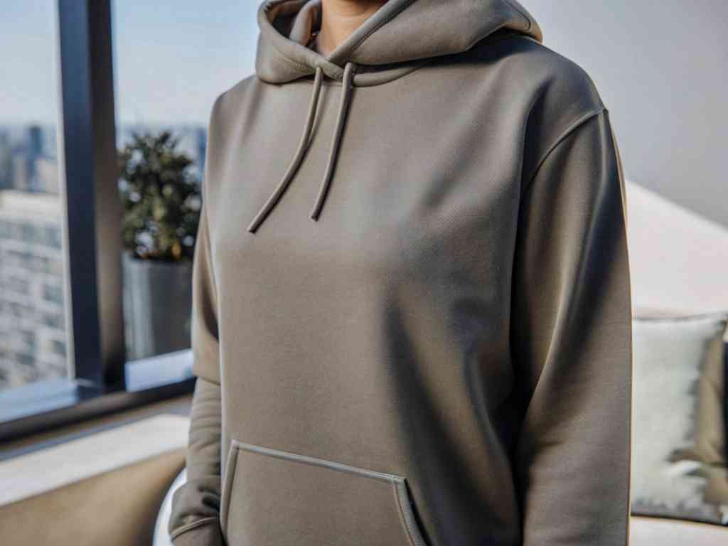 A person wearing a plain gray hoodie in a modern indoor setting.