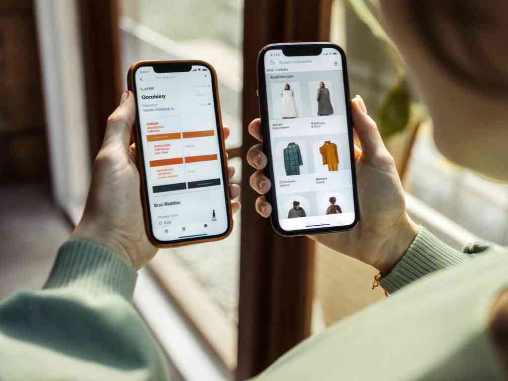 A person browsing clothing stores on two smartphones.