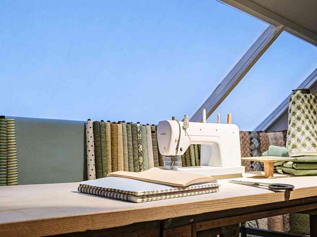 A sewing machine on a wooden table with fabric rolls in a bright studio.