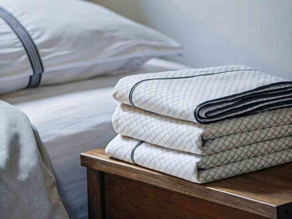 A stack of white quilted blankets with black trim on a wooden nightstand.