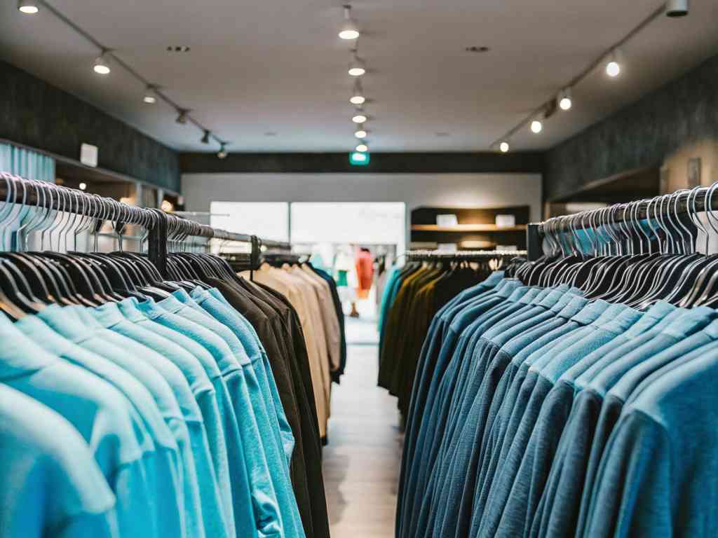 A clothing store with neatly arranged blue and neutral-colored shirts.