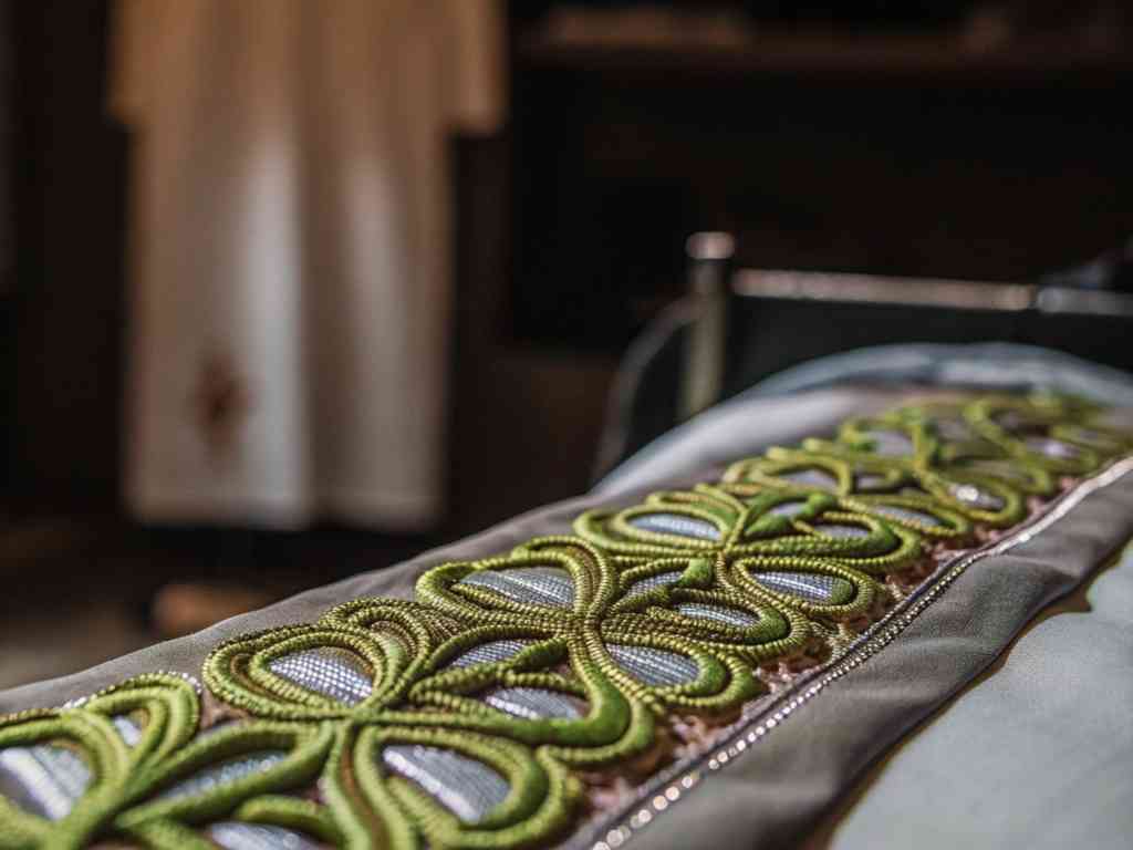 Decorative green embroidery on elegant fabric.