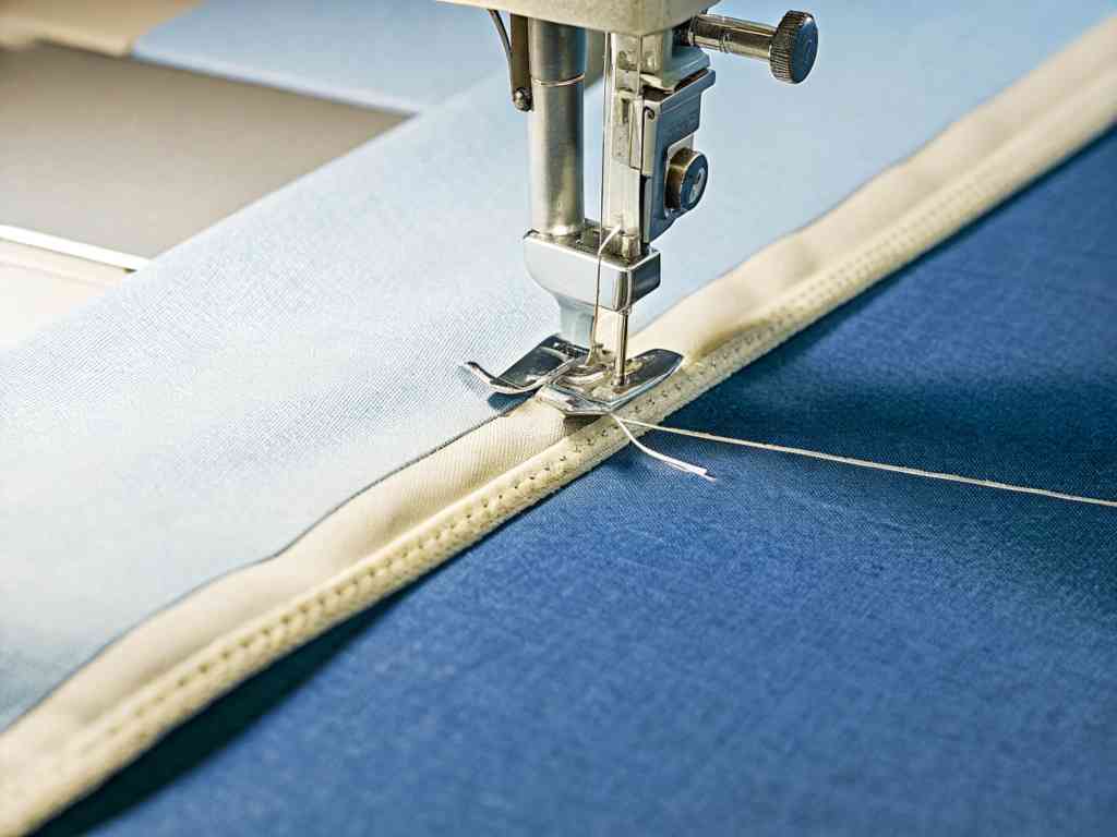 Sewing machine stitching two-tone fabric edge