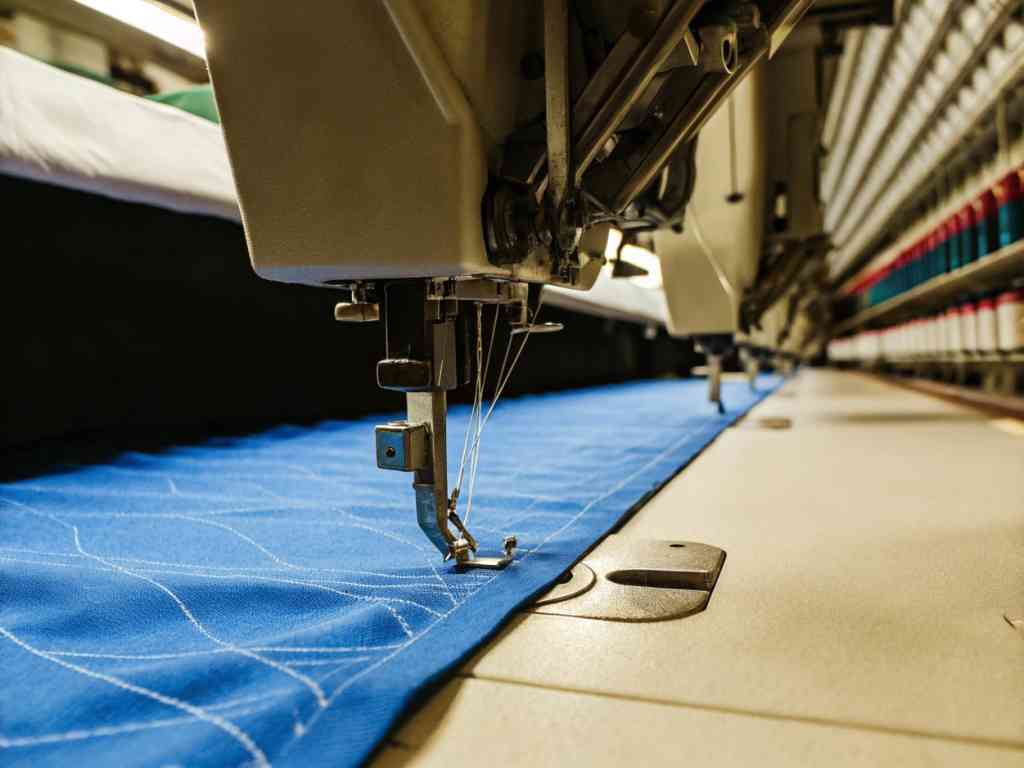 Industrial sewing machine stitching blue fabric.
