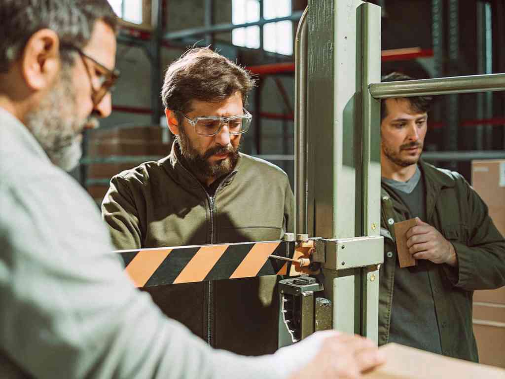 Workers inspecting packaging at warehouse machine