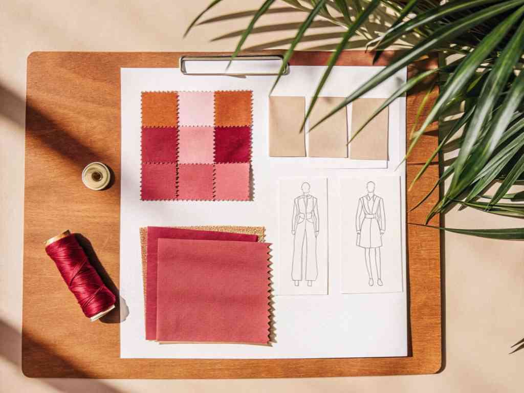 Red fabric samples with fashion design illustrations.