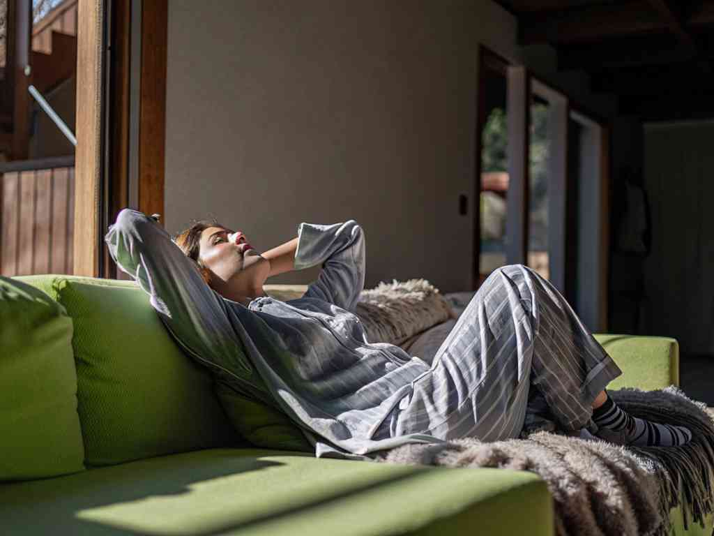 A woman in striped pajamas lounging on a green couch in sunlight.