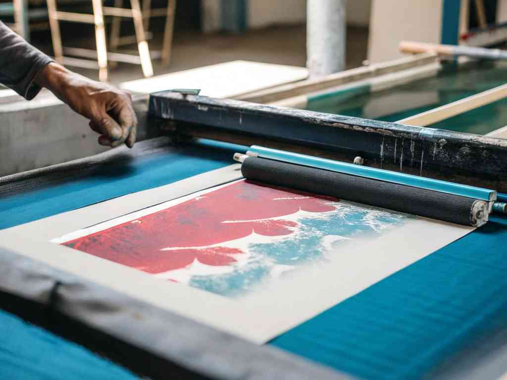 Manual screen printing on paper with red and blue ink
