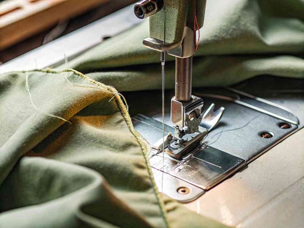 Sewing machine stitching green fabric close-up