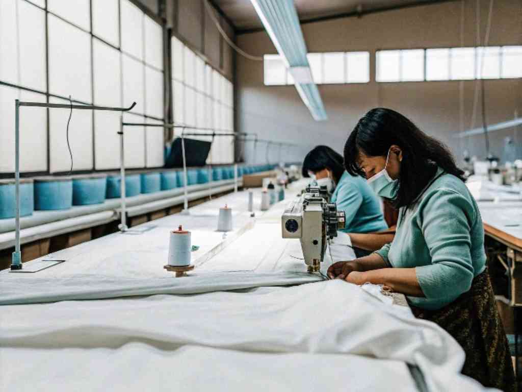 Workers sewing white fabric in a textile factory.