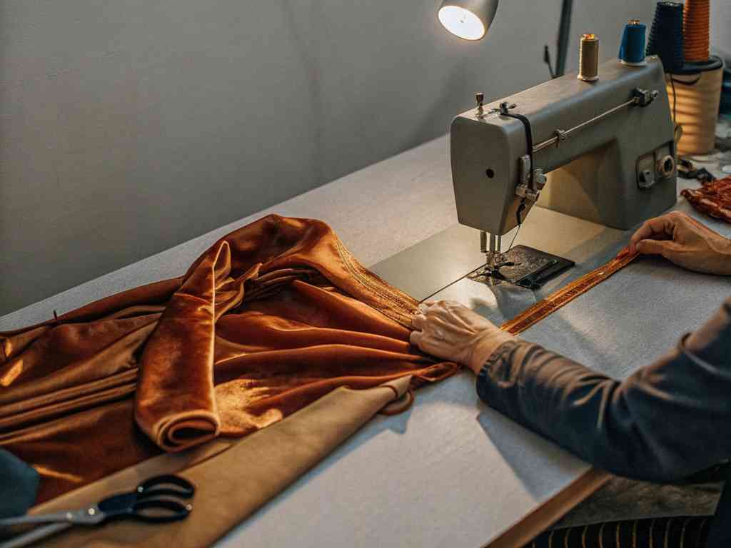 A tailor sewing rich brown velvet fabric with a vintage sewing machine.