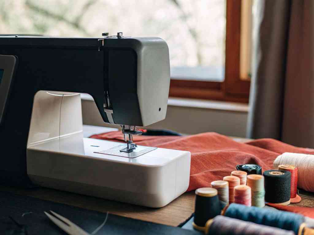 A modern sewing machine on a wooden table with spools of thread and fabric.