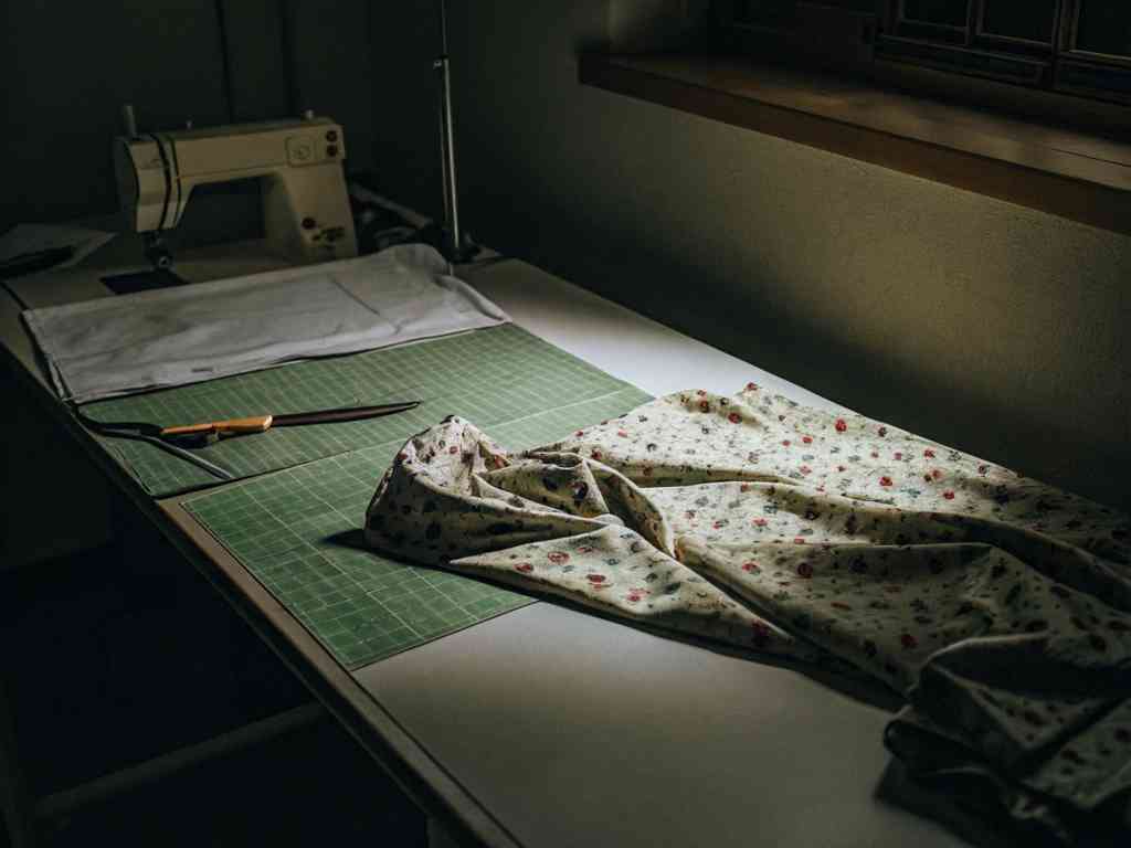 A sewing table with floral fabric, scissors, and a vintage sewing machine.