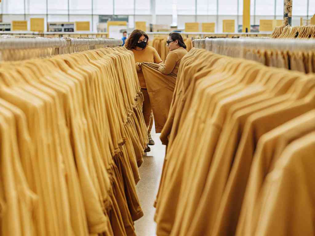 Two women browse mustard-colored clothing racks in a brightly lit store.