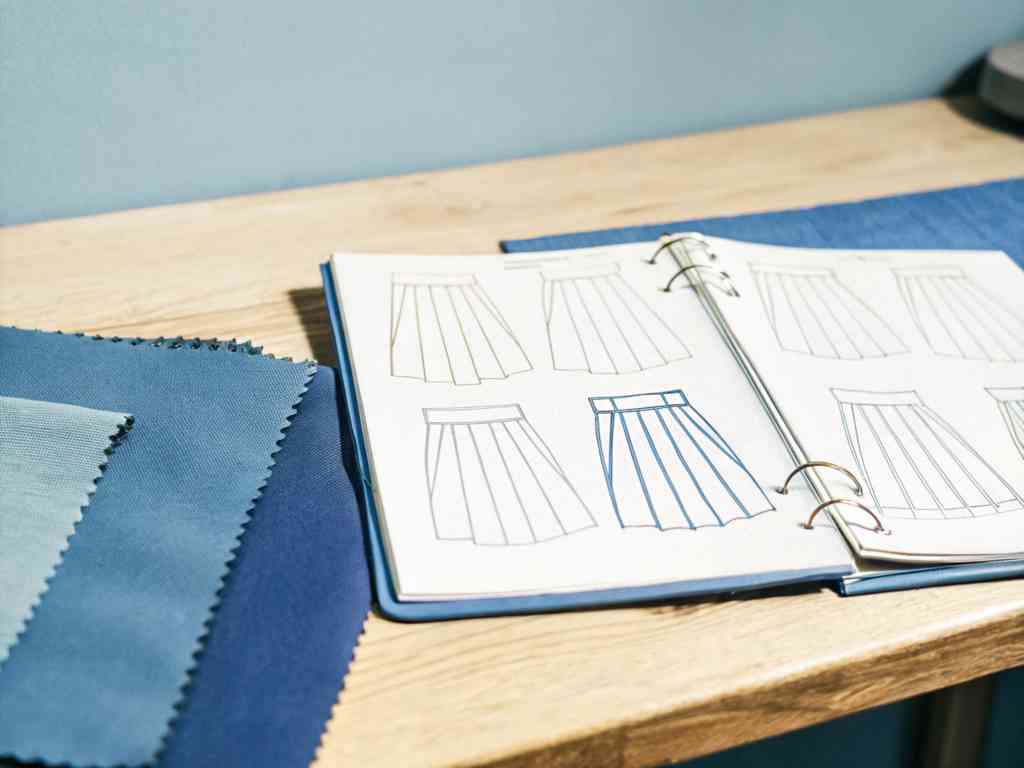 Skirt design sketches with blue fabric swatches