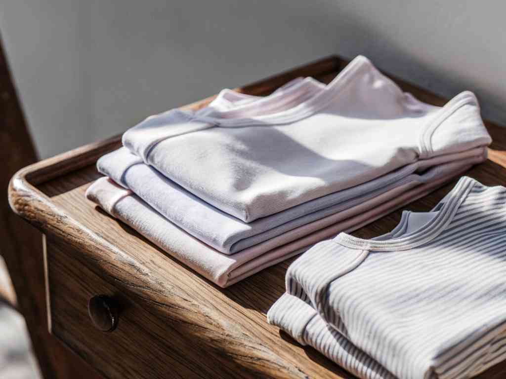 Neatly folded baby clothes in pastel colors on a wooden dresser.