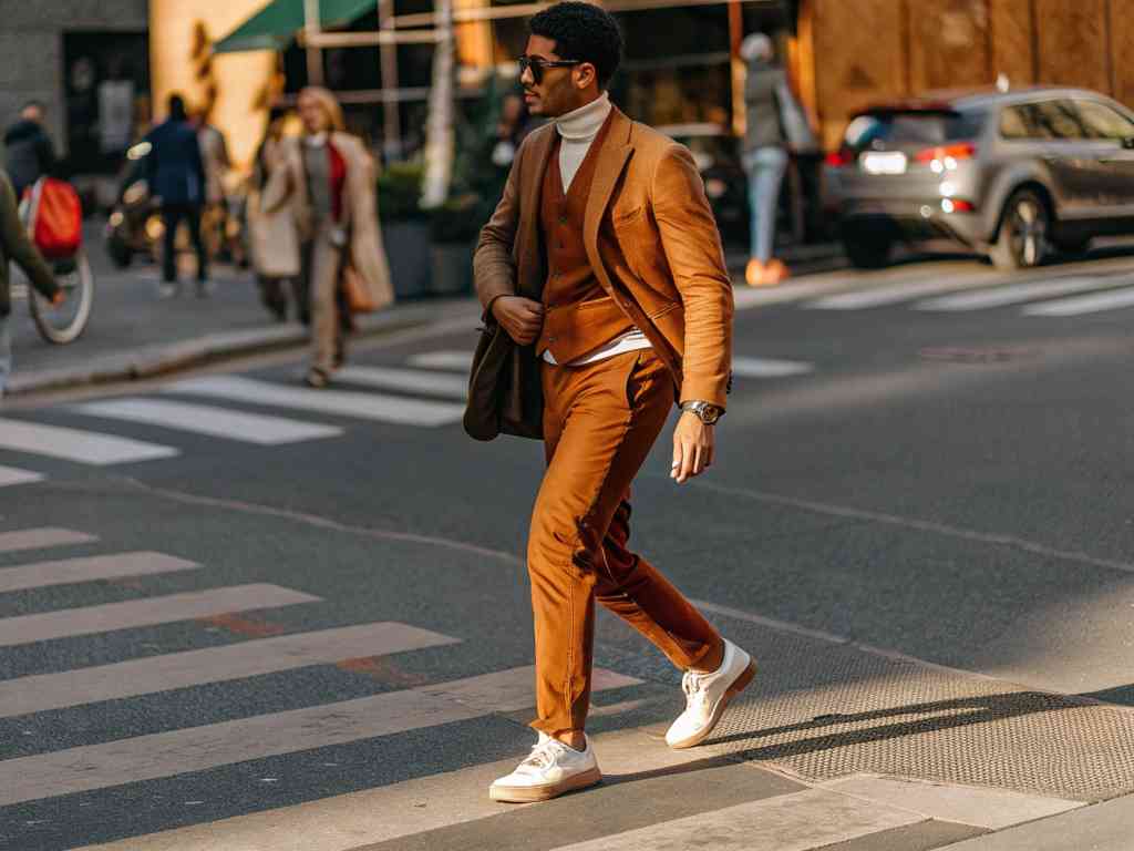 A fashionable man in a brown suit and turtleneck crosses a city street, carrying a shoulder bag.