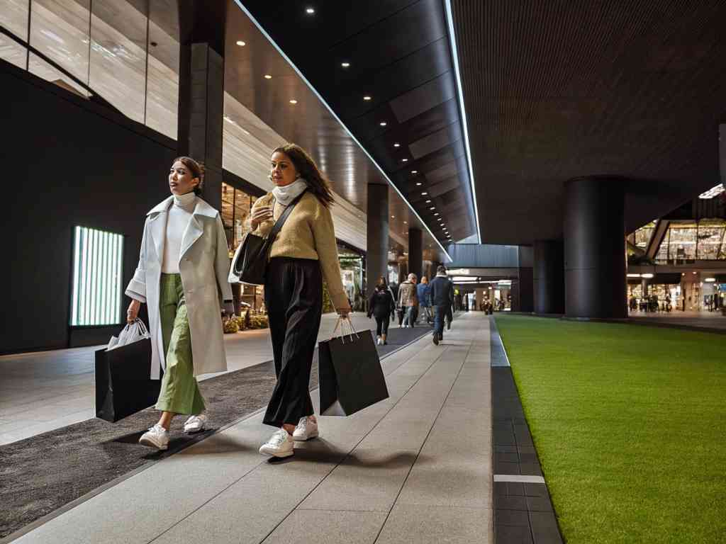 Two fashionable women walk through a modern shopping district at night, carrying shopping bags.