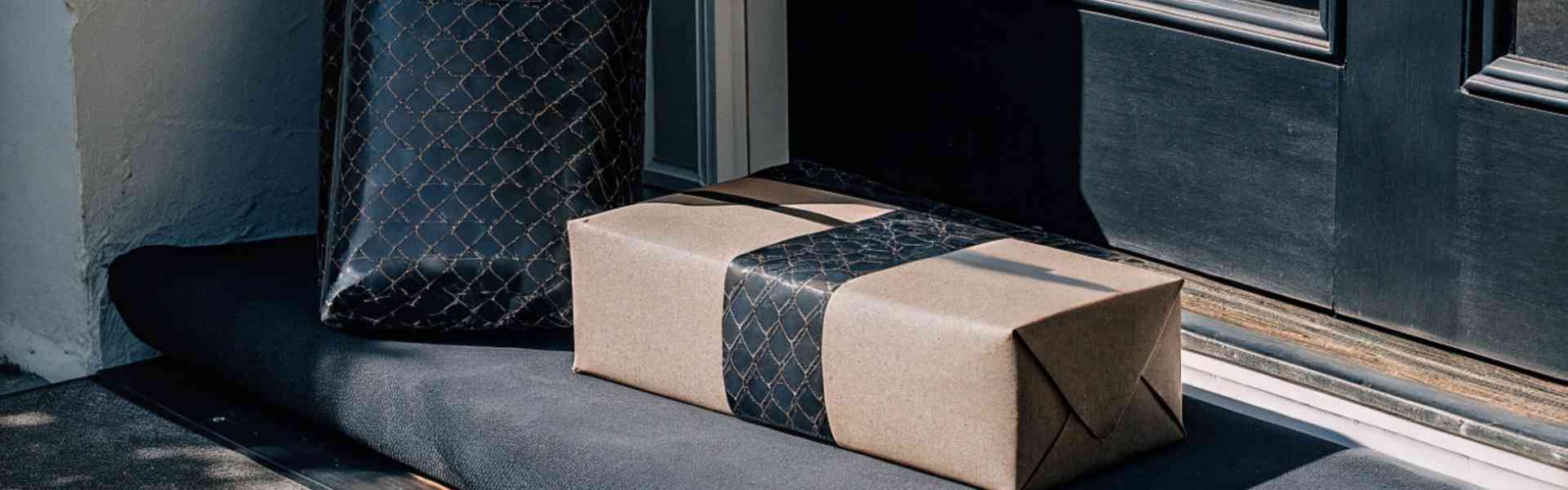 Luxury-packaged deliveries placed at a doorstep in natural light.