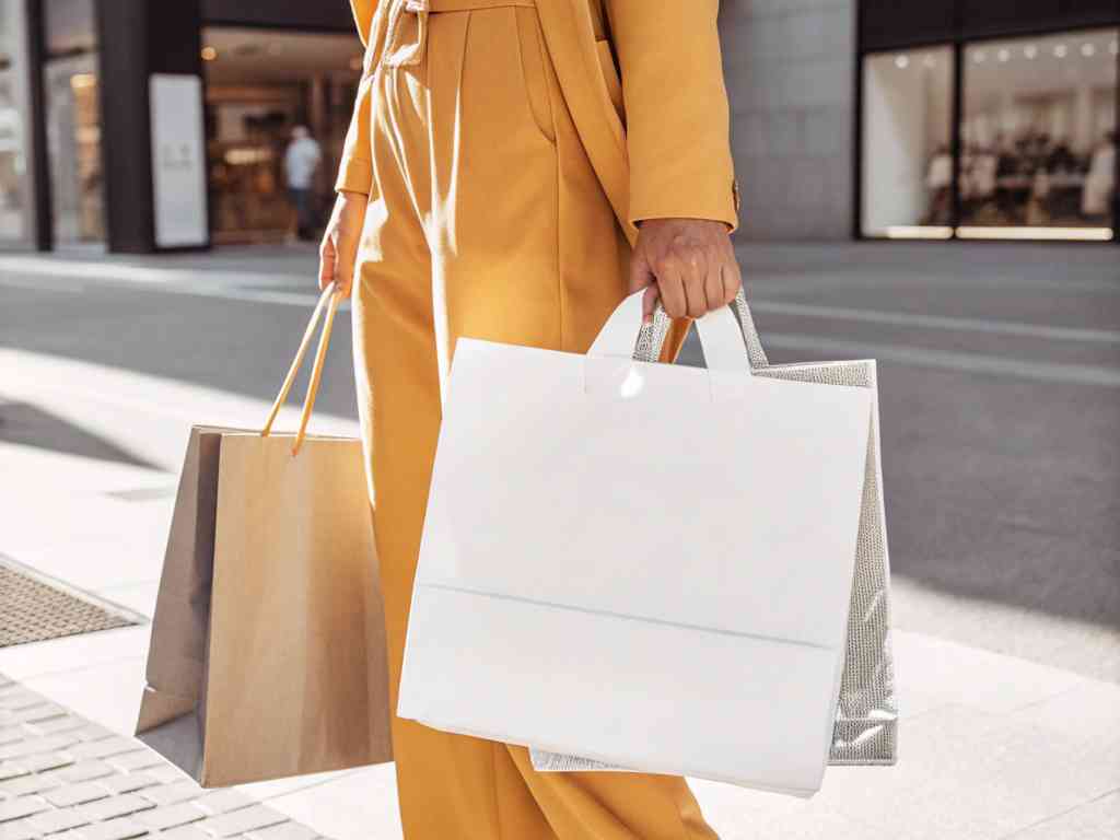 A person in a yellow outfit carrying multiple shopping bags.