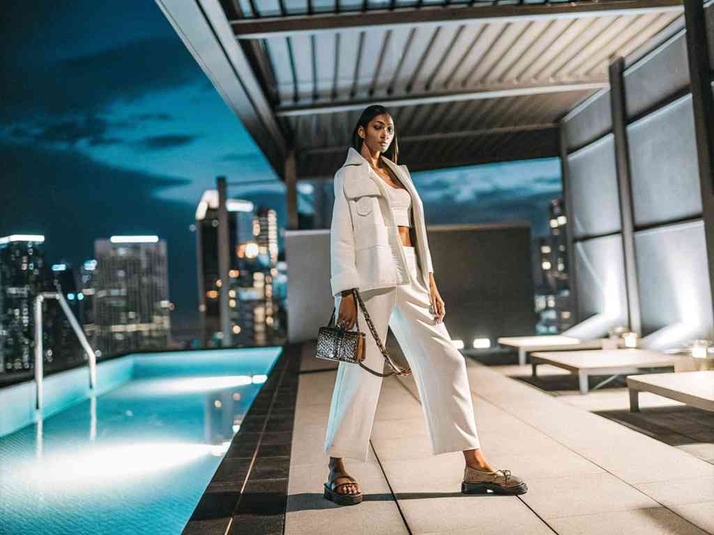 A fashionable woman in a white outfit posing on a rooftop with a city skyline at night.