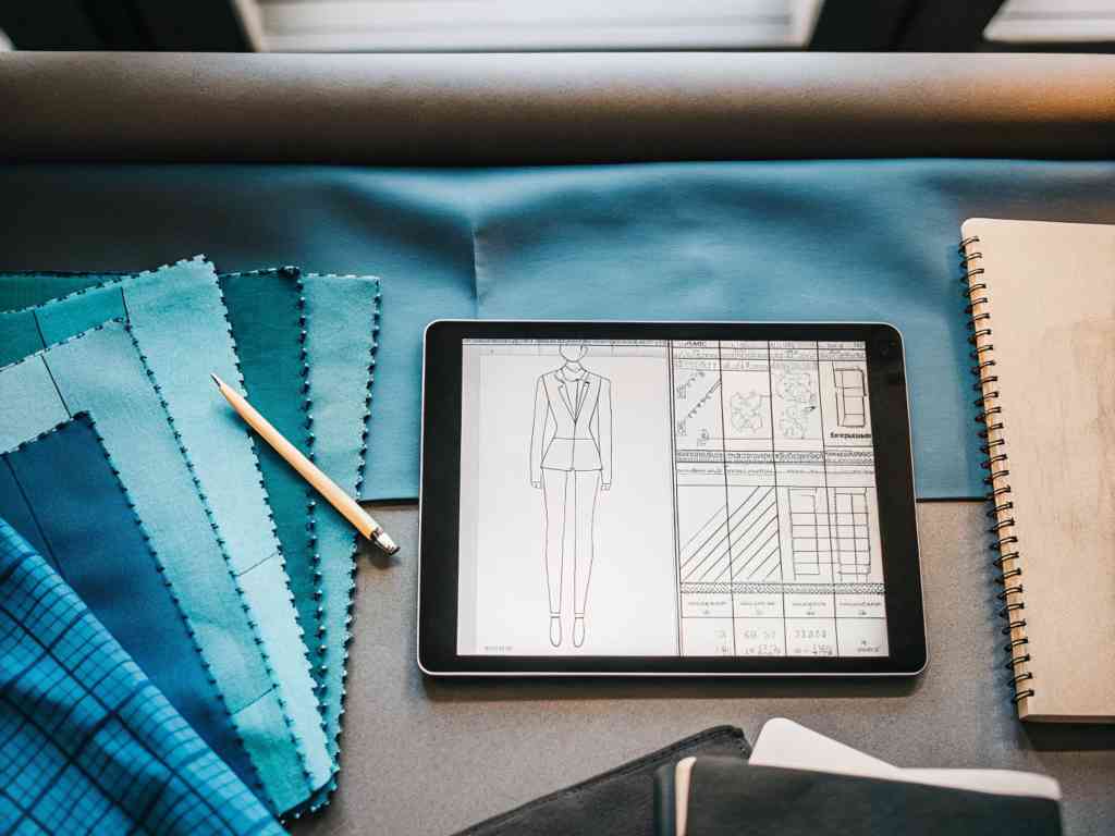 Digital fashion design sketch on tablet with fabric swatches