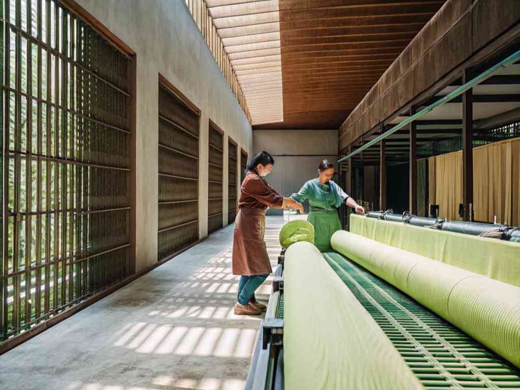 Two workers inspecting large rolls of green fabric in a well-lit facility.