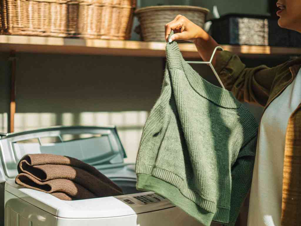Person taking green sweater from washing machine.