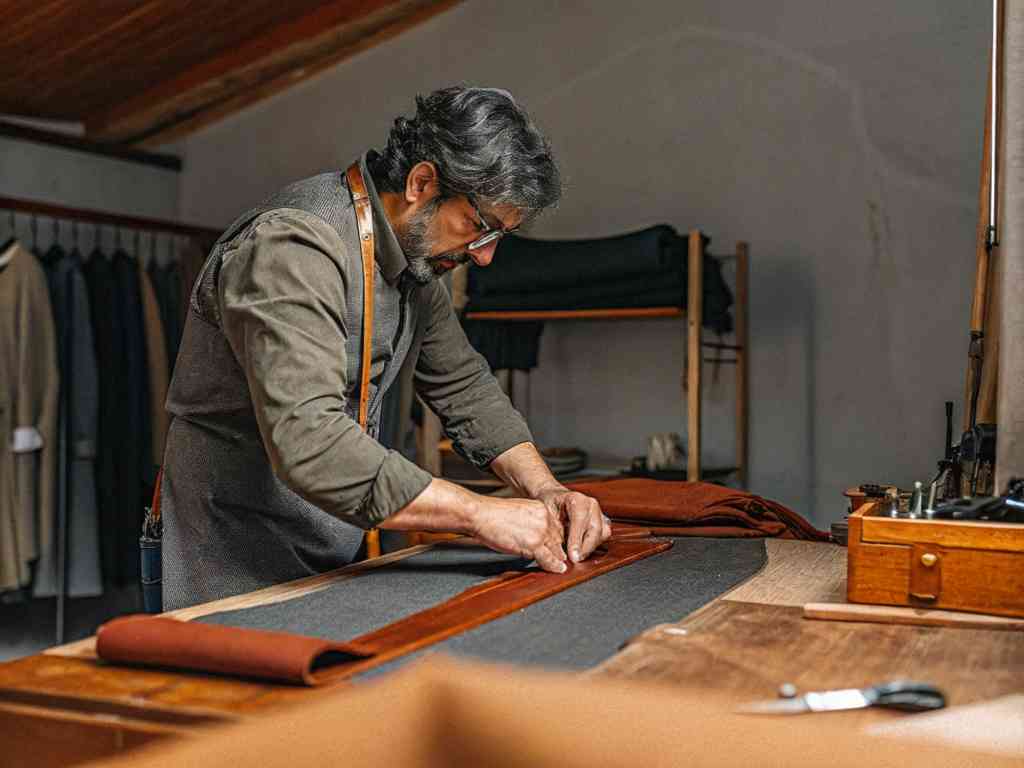 A skilled tailor carefully working with fabric in a traditional workshop