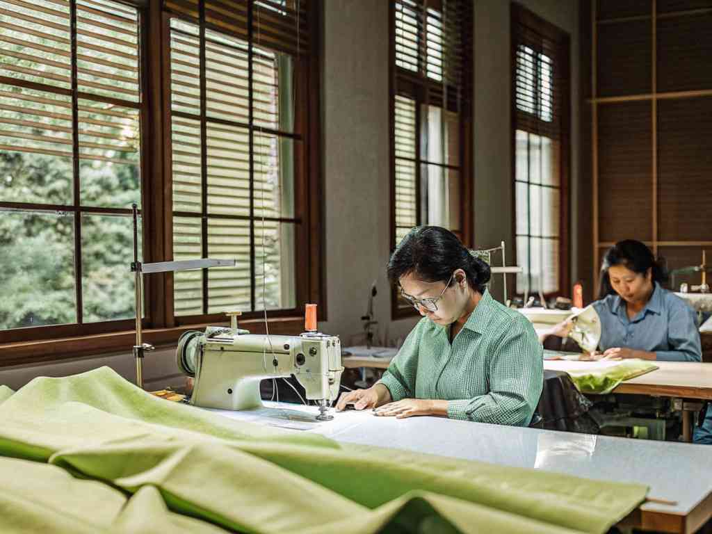 Two women sewing green fabric in a well-lit, traditional workshop.