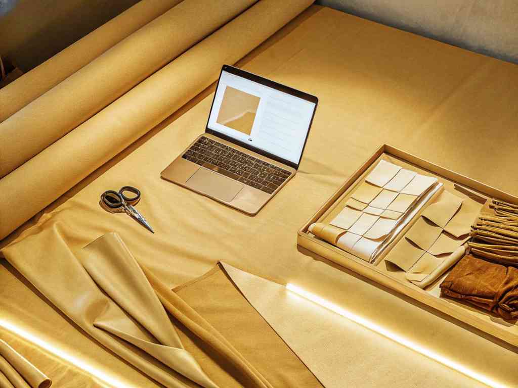 A workspace with golden fabric, a laptop, scissors, and fabric samples neatly arranged.