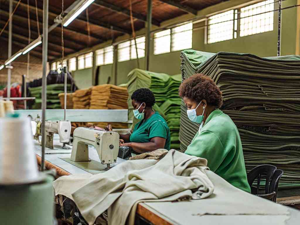Two workers in a textile factory sewing fabric while wearing masks.