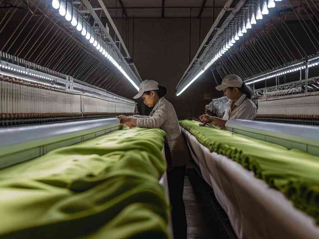 Workers inspecting green fabric in a textile factory under bright overhead lights.