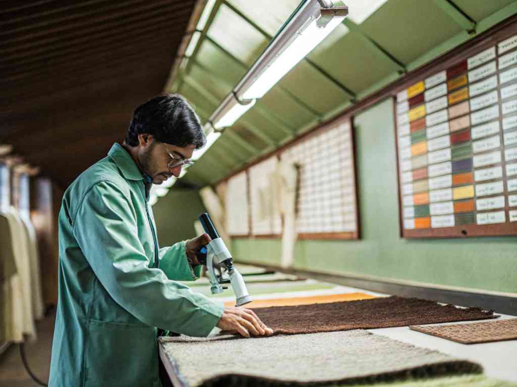Technician examining fabric samples with microscope.