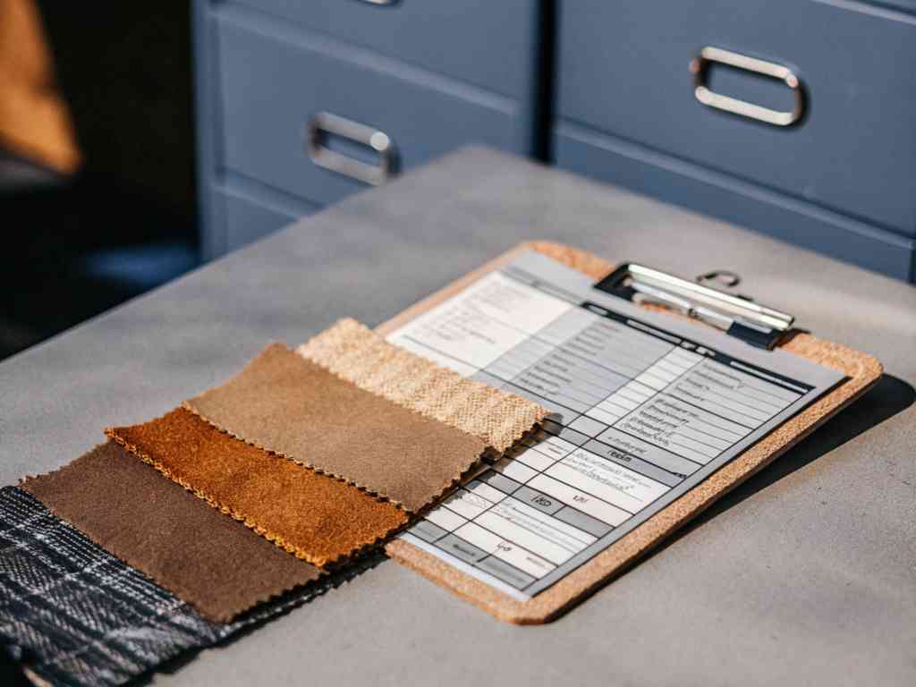 Fabric swatches and clipboard on table