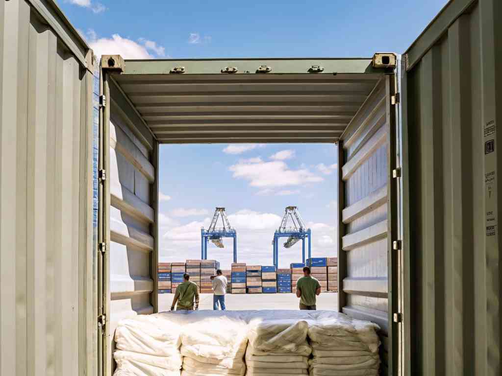 Open shipping container with fabric bales and workers at a port.