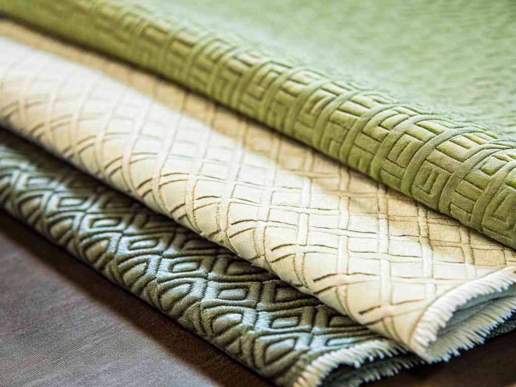 Stacked green and beige embossed velvet fabrics with geometric patterns.