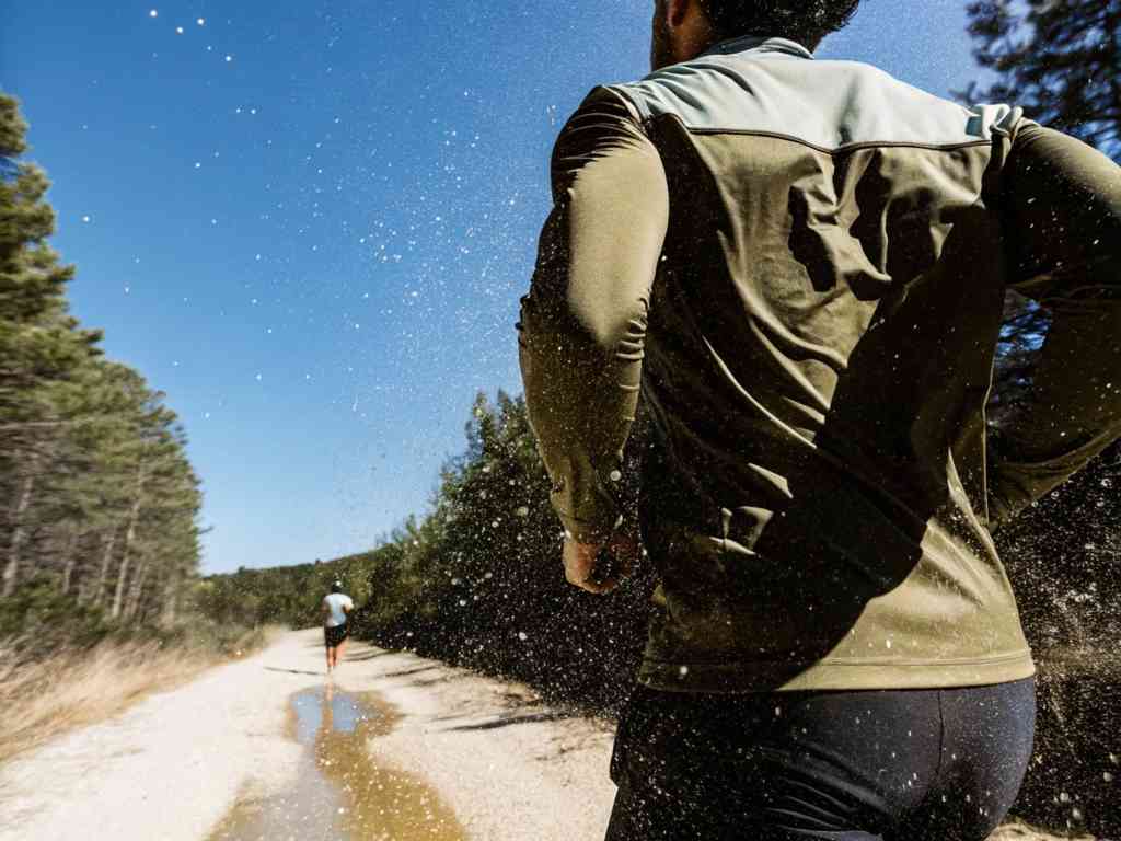 Two runners on a rugged dirt trail, splashing through a puddle under a clear sky.
