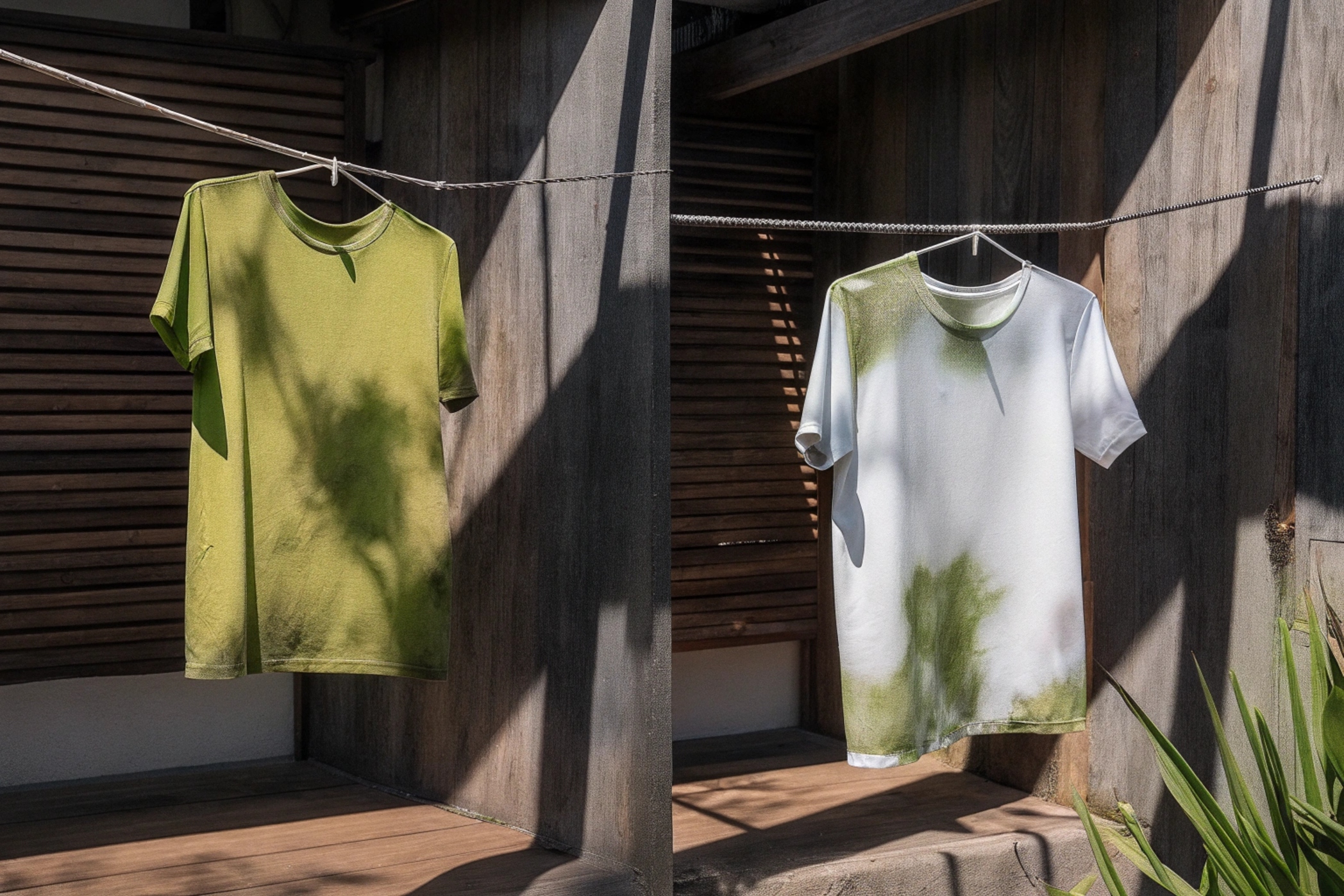 Sunlight-reactive green and white T-shirts hanging outdoors