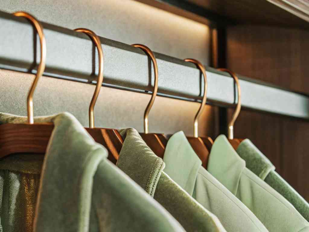 Green velvet garments hanging on wooden hangers in closet