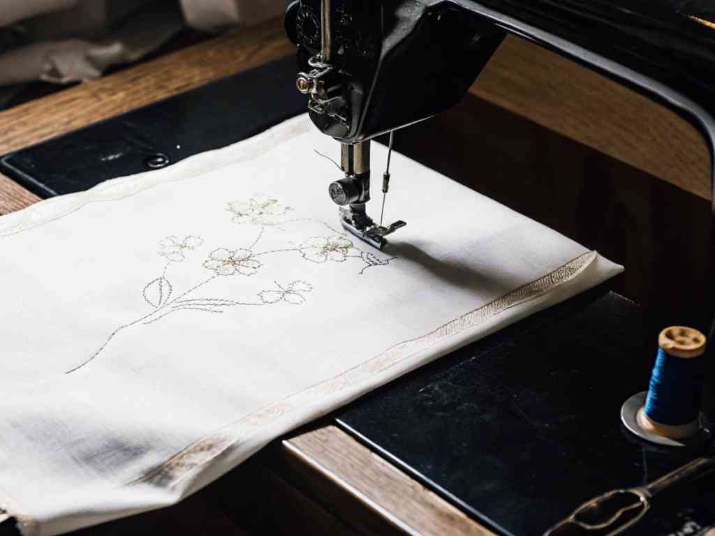 Close-up of a vintage sewing machine embroidering a delicate floral pattern on white fabric.