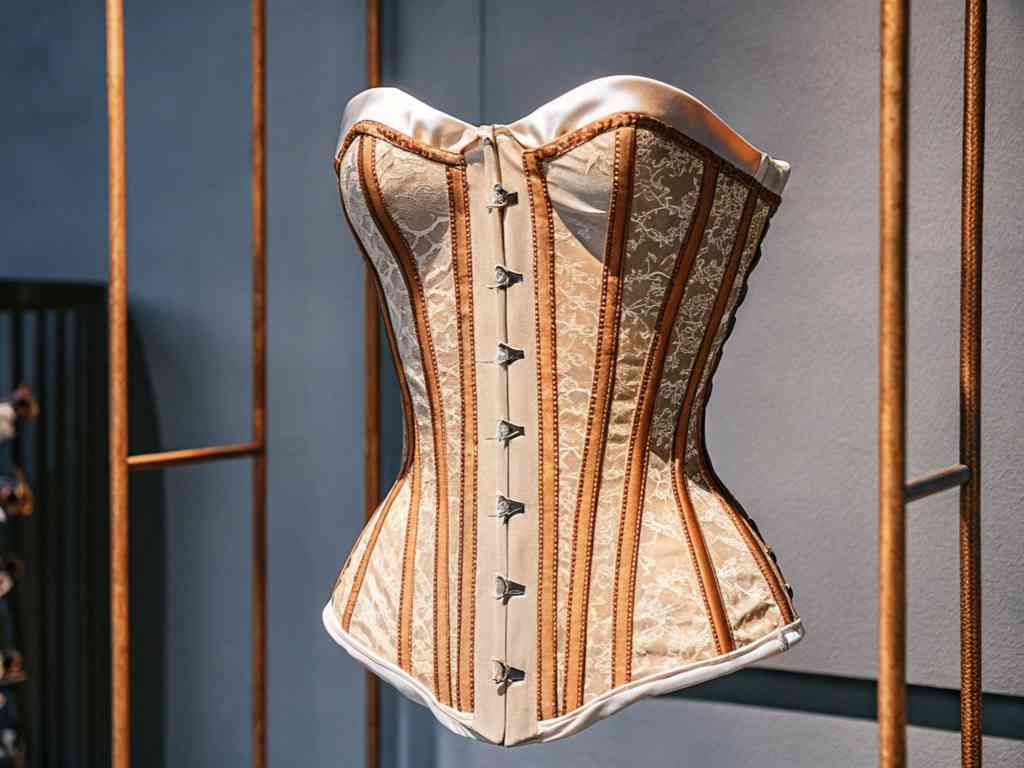 A beautifully designed beige and lace corset with intricate details displayed on a mannequin.