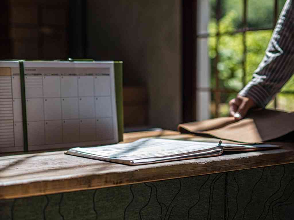 Person organizing fabric on desk with planner.