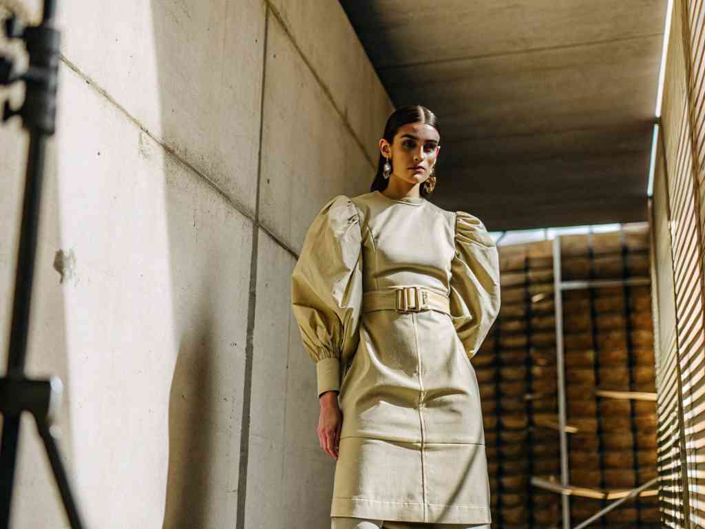 Woman wearing puff-sleeved beige dress with belt detail