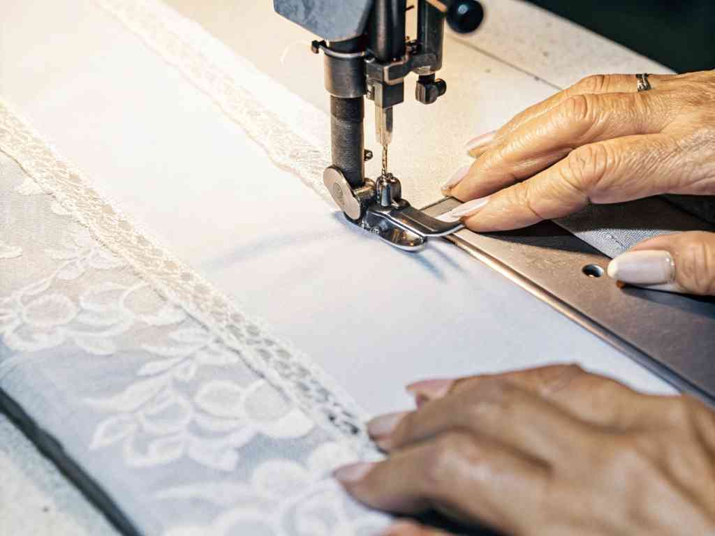 Hands stitching lace trim onto white fabric with sewing machine.