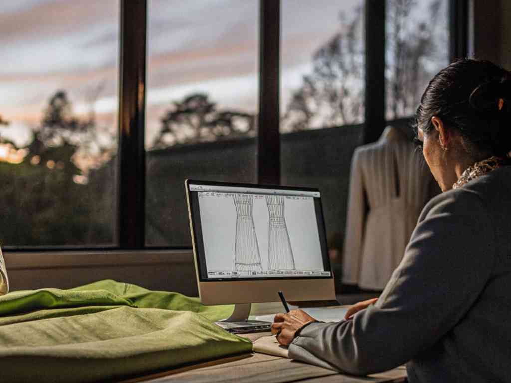 Designer working on digital dress sketch in front of sunset window