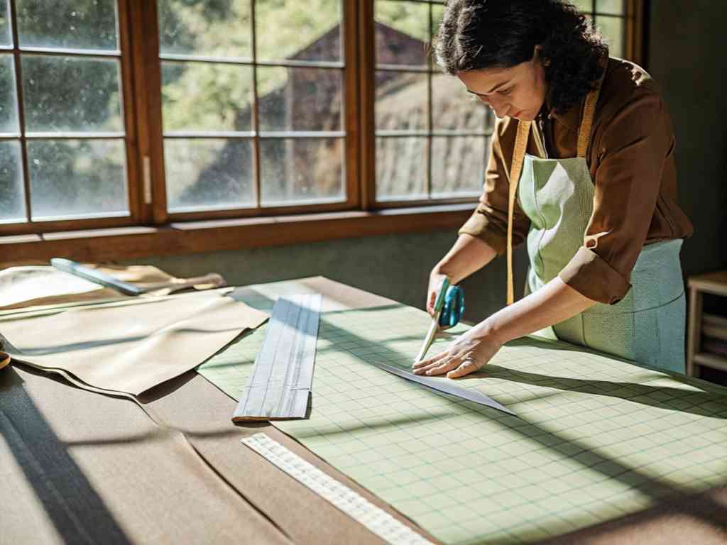Woman measuring and cutting fabric in sunny workspace