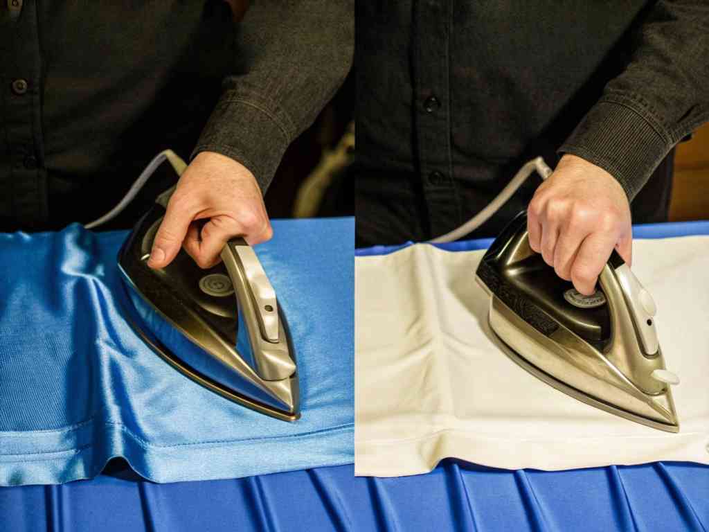 Person ironing blue and white fabric separately
