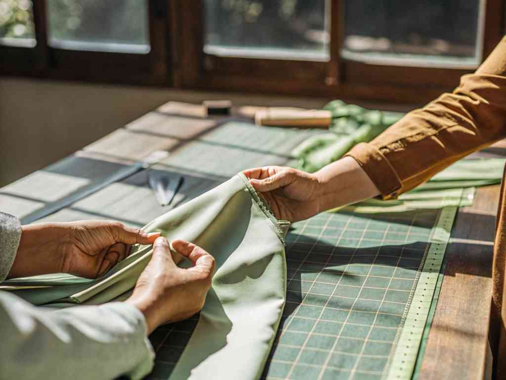 Two people aligning green fabric on a cutting mat.